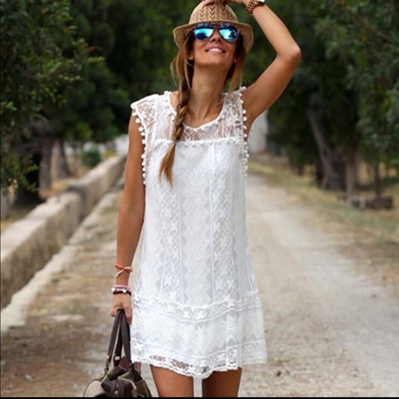 Pom-Pom Mini White Dress Summer Relaxed Lace Slip - Picture 2 of 8